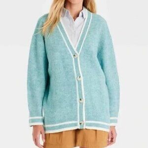 A NEW DAY Button Front Cardigan Light Blue White Varsity Stripe Preppy Sweater M